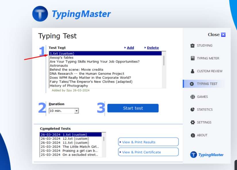 Certainly! Here's a combined alt tag with commas separating each phrase:

Typing tutor interface with custom text setup, uploading custom text to typing tutor, adding text file to typing exercises, step-by-step guide for custom text integration