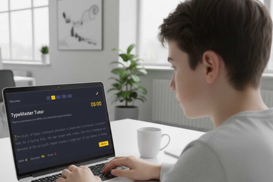 Junior assistant typing efficiently on laptop, Over-the-shoulder view of user practicing typing on laptop screen, Hands on keyboard showing proper typing technique, Online typing practice tool with text visible on screen, Student typing fast while learning online, Boost productivity with typing skills at work, Focused professional typing on laptop at office desk, Close-up of fingers on keyboard typing accurately, Laptop screen showing typing speed and accuracy charts, Junior assistant improving typing skills using online tools